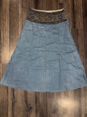 Embroidered Waistband Denim Maxi Skirt - Light Blue